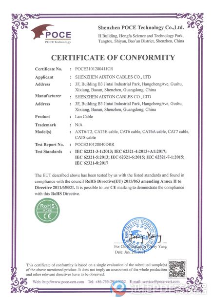 चीन Shenzhen Aixton Cables Co., Ltd. प्रमाणपत्र
